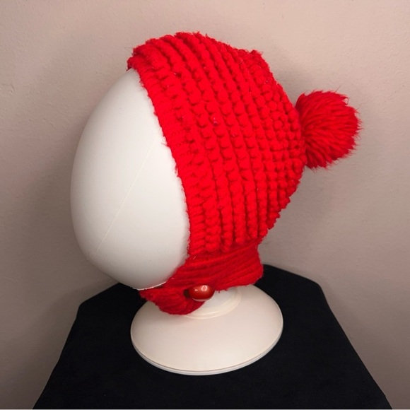 VINTAGE RED KNIT HANDMADE CHILDS HAT CROCHET RETRO VIBRANT HOLIDAY - Picture 6 of 7